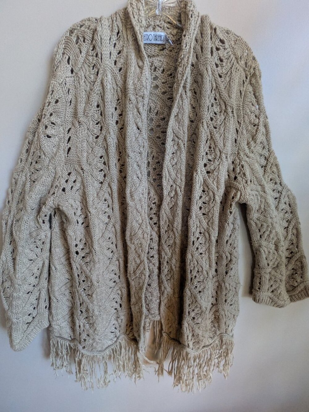 Retro threads long cardigan wide crochet knit beige boho fringe size xxl #756